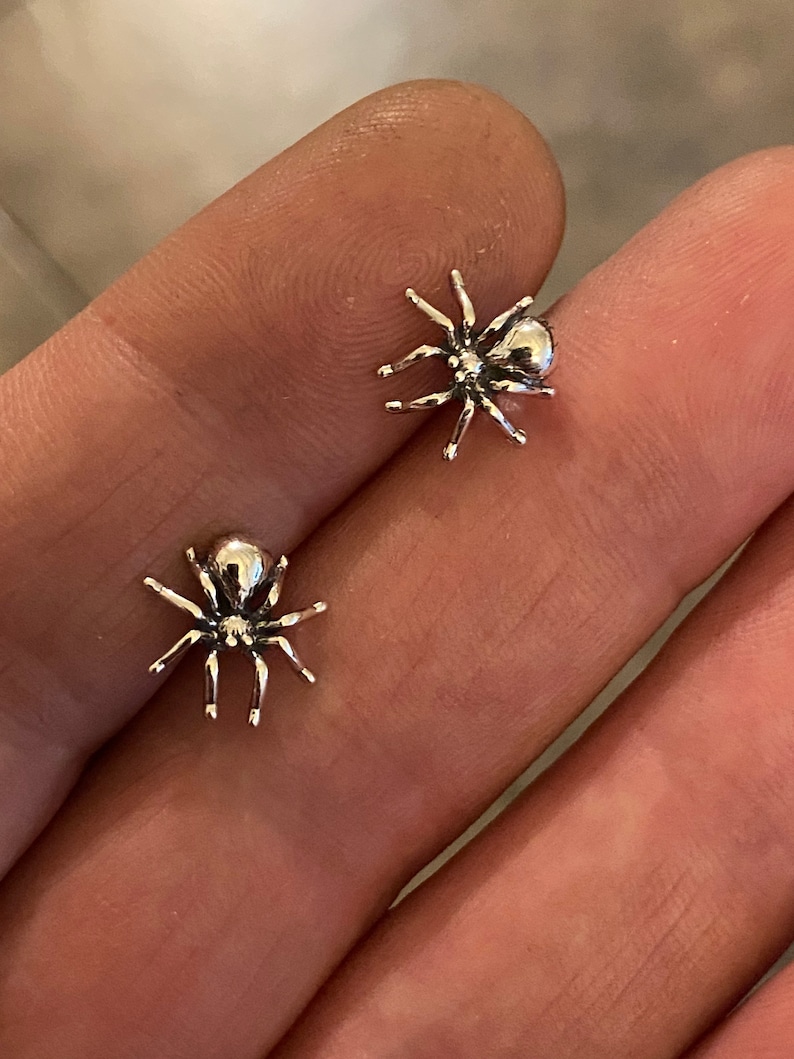 Puede incluir: Dos peque&ntilde;os pendientes de ara&ntilde;a de color plateado. Cada pendiente presenta un cuerpo redondeado y ocho delicadas patas. Los pendientes se muestran sobre un fondo neutro.