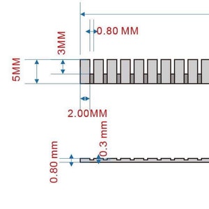 K&ouml;nnte beinhalten: Ein Diagramm, das die Abmessungen von zwei verschiedenen Arten von Metallstreifen zeigt. Der obere Streifen ist 5 mm breit und 3 mm hoch mit einem Abstand von 0,80 mm zwischen jedem Zahn. Der untere Streifen ist 0,80 mm breit und 0,3 mm hoch mit einem Abstand von 2,00 mm zwischen jedem Zahn.