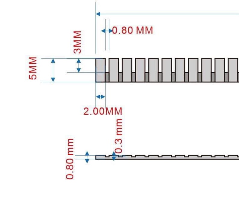 K&ouml;nnte beinhalten: Ein Diagramm, das die Abmessungen von zwei verschiedenen Arten von Metallstreifen zeigt. Der obere Streifen ist 5 mm breit und 3 mm hoch mit einem Abstand von 0,80 mm zwischen jedem Zahn. Der untere Streifen ist 0,80 mm breit und 0,3 mm hoch mit einem Abstand von 2,00 mm zwischen jedem Zahn.