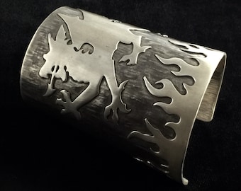 Hammered Sterling Silver Cuff Bracelet with Dragon, Smoke and Flames