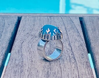 Blue Fire Ring of Clarity Large Sterling FireBezel and CastellatedBezel with 25 carat natural Swiss blue topaz