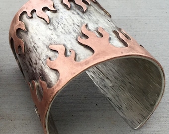Hammered Sterling Silver Cuff Bracelet with Hand Cut Copper Flames