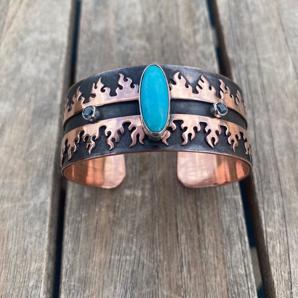 Vintage Jeff klein FireBezel copper cuff with turquoise, blue topaz, sterling settings and large overlay FireBezel
