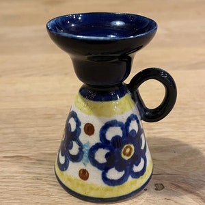Vintage Ceramic Candle Holder with Handle – Dark Blue with Floral Design