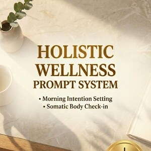 Puede incluir: Anuncio de un producto digital con el texto "HOLISTIC WELLNESS PROMPT SYSTEM". Se ve una insignia dorada con "DESCARGA INSTANTÁNEA". El fondo es una superficie con efecto mármol, con un pequeño jarrón y follaje.