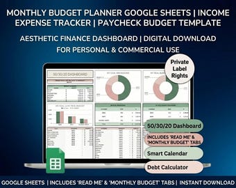 Monthly Budget Planner Google Sheets | Income Expense Tracker | Paycheck Budget Template | Aesthetic Finance Dashboard | Digital Download