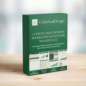 May include: A green box with the text "ColorSoulDesign" and "ULTIMATE SMALL BUSINESS BOOKKEEPING & INVENTORY TRACKER EXCEL." The box also includes the text "Automated Profit Calculator & CFO Dashboard | Etsy, Shopify, Amazon Pricing Tool."