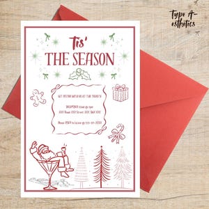 Szablon zaproszenia na przyjęcie świąteczne, ilustracje i zestaw zawierający menu, baner, wizytówki i wycięcia