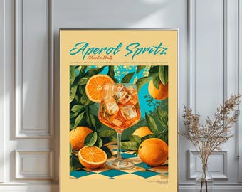 Aperol Spritz-affisch, utskrivbar cocktailaffisch, konstverk för hemmet, barvagnstryck, cocktailtryck, alkoholtryck, cocktailreceptaffisch
