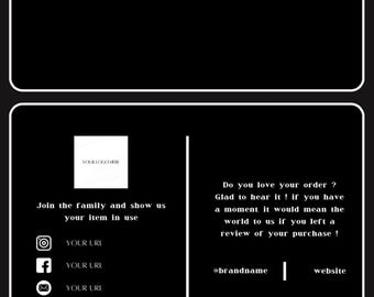 May include: Black and white thank you template with the words "Thank You" in a cursive font. The template includes social media icons and a space for a logo and website.