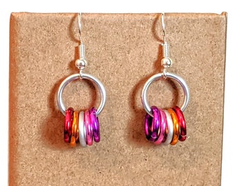 Earrings: Lesbian Pride Sway - Anodized Aluminum Chainmaille