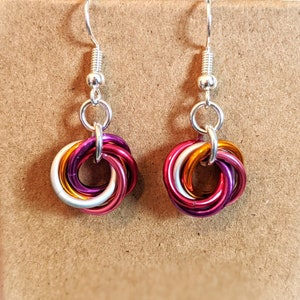 Earrings: Lesbian Pride Twist - Anodized Aluminum Chainmaille