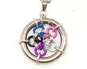 Pendant: Genderfluid (GF) Pride Japanese 12 in 2 - Anodized Aluminum Chainmaille