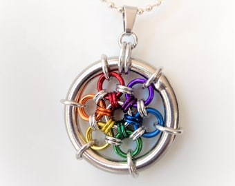 Pendant: Rainbow Japanese 12 in 2 - Anodized Aluminum Chainmaille