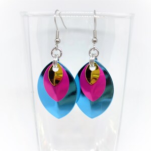 Earrings: Pansexual (Pan) Pride Layered Scale - Anodized Aluminum Chainmaille