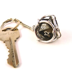 Keychain: Removable D20 - You choose Chessex dice color - Stainless Steel Chainmaille