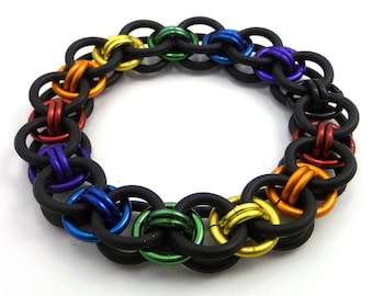 Bracelet: Rainbow Stretch Helm Weave - Anodized Aluminum & Rubber Chainmaille