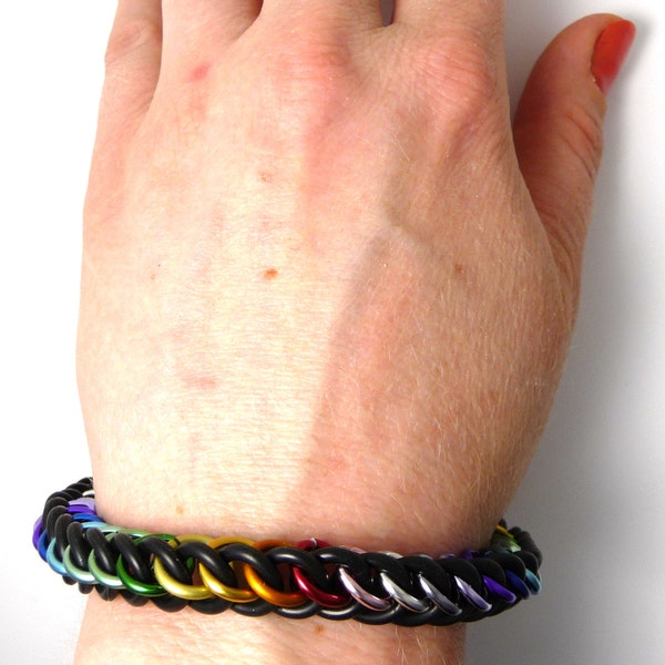 Bracelet: Rainbow and Black Stretch Half Persian - Anodized Aluminum Chainmaille