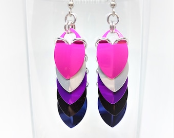 Earrings: Genderfluid (GF) Pride Cascading Scales - Anodized Aluminum Chainmaille