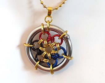 Pendant: Polyamory (Poly) Pride Japanese 12 in 2 - Anodized Aluminum Chainmaille