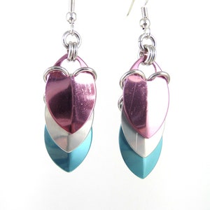 Earrings: Transgender (Trans) Pride Cascading Scale - Anodized Aluminum Chainmaille