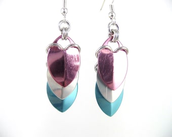Earrings: Transgender (Trans) Pride Cascading Scale - Anodized Aluminum Chainmaille