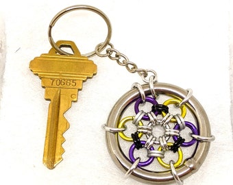 Keychain: Non-Binary (NB) Pride Japanese 12 in 2 - Anodized Aluminum Chainmaille