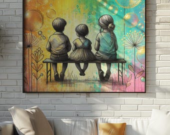 Art print wooden frame, siblings, picture sibling love, wall art siblings, modern, colorful art, mural, wall art, children's room