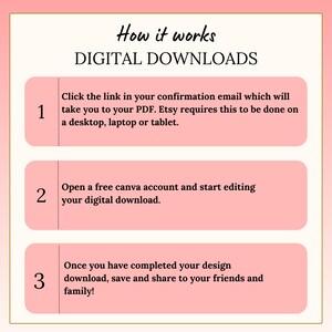 May include: Pink and white graphic with three numbered steps on how to use digital downloads. Step 1: Click the link in your confirmation email to access your PDF. Step 2: Open a free Canva account to edit your digital download. Step 3: Download, save, and share your design.
