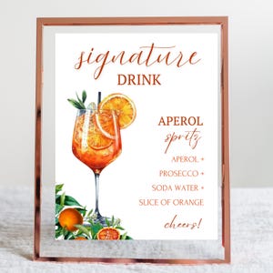 Spritz Signature Cocktail, Aperol Spritz Bar Schild, Signature Drink Decor, Barkarte Cocktail Vorlage, moderne Baby Brautparty