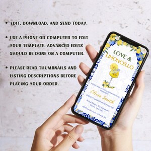 May include: A digital invitation for a bridal shower with a blue and white tiled background. The invitation features a glass of limoncello with lemons and a floral design. The text reads "Love & Limoncello" and includes the bride's name, date, time, and RSVP information.