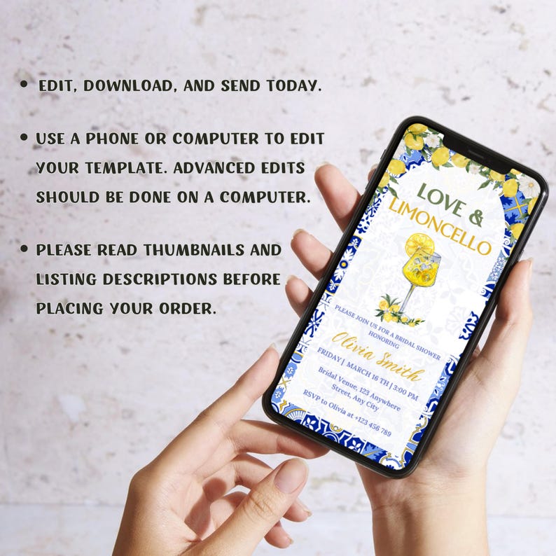May include: A digital invitation for a bridal shower with a blue and white tiled background. The invitation features a glass of limoncello with lemons and a floral design. The text reads "Love & Limoncello" and includes the bride's name, date, time, and RSVP information.