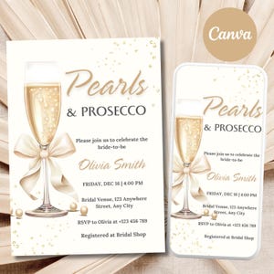 Modèle d'invitation de douche nuptiale de perles et de prosecco, invitation de douche nuptiale de perle blanche, invitation nuptiale élégante de douche, mariage blanc d'arc
