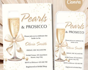 Pearls and Prosecco Bridal Shower Invitation Template, White Pearl Bridal Shower Invite, Elegant Bridal Shower Invite, White Bow Wedding