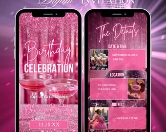 Pink Glam Birthday Dinner Animated Invitation: Editable Canva Template (Digital Download)