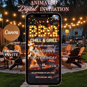 Bearbeitbare digitale Grilleinladung, animierte Grillparty einladen, Grillkühlen und Grill, moderne Geburtstagseinladung, digitaler Geburtstag laden jedes Alter ein
