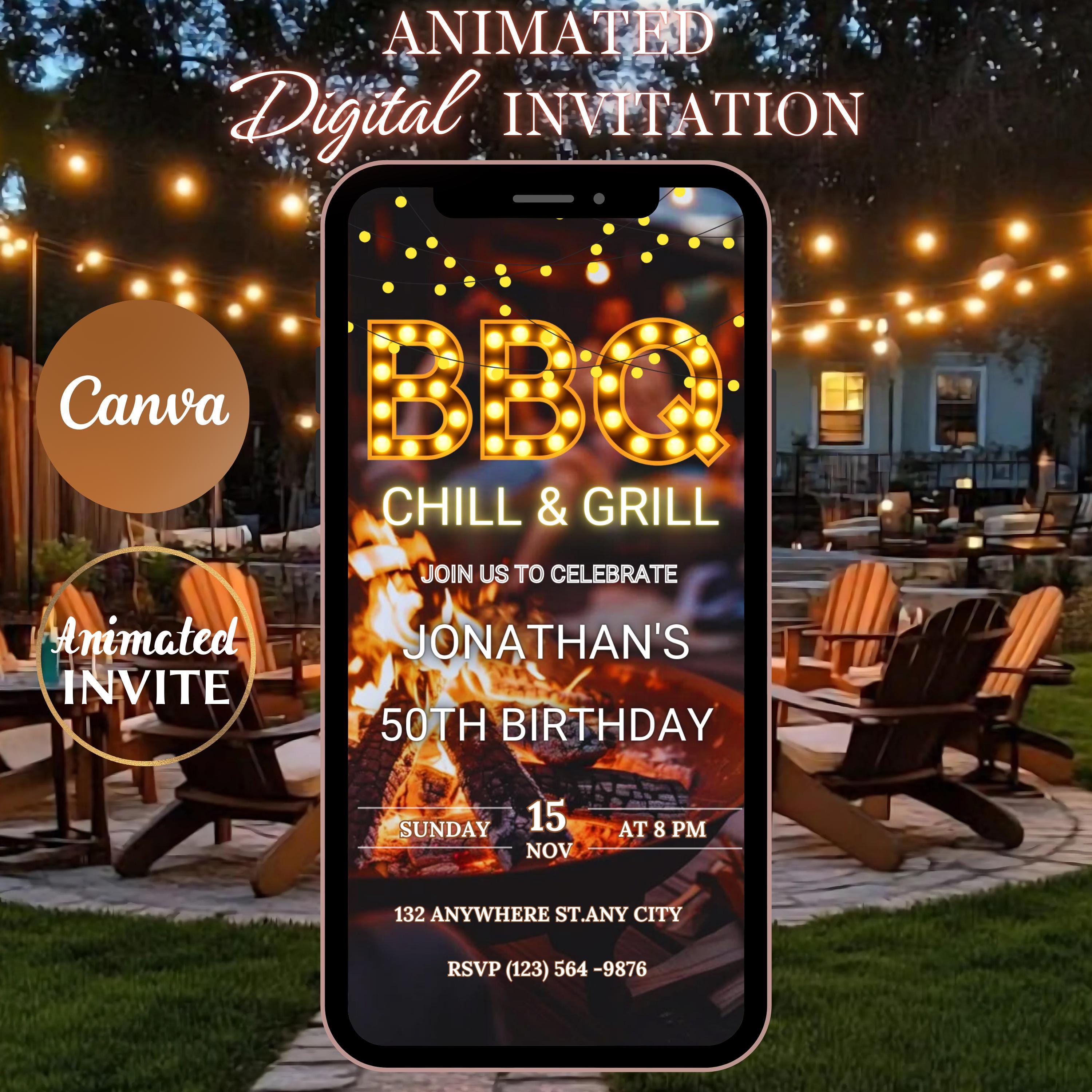 Editable Digital BBQ Invitation, Animated BBQ Party Invite, BBQ Chill and Grill, Modern Birthday Invitation, Digital Birthday Invite Any Age