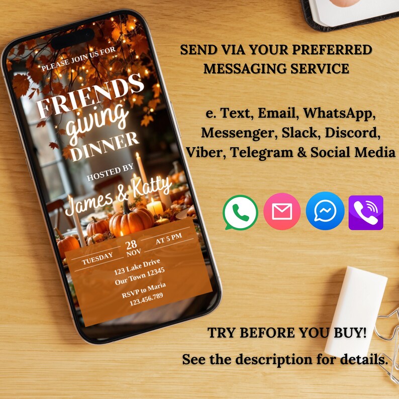 May include: A smartphone displays a Friendsgiving dinner invitation with fall foliage and pumpkins. The invitation includes the text "Friendsgiving Dinner" hosted by James & Katty, with date, time, and RSVP information. Messaging service icons are also visible.