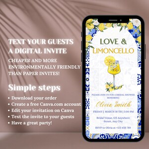 May include: A digital invitation for a bridal shower with a blue and white tiled background and a glass of limoncello. The text reads "Love & Limoncello" and includes the bride's name, date, time, and RSVP information.