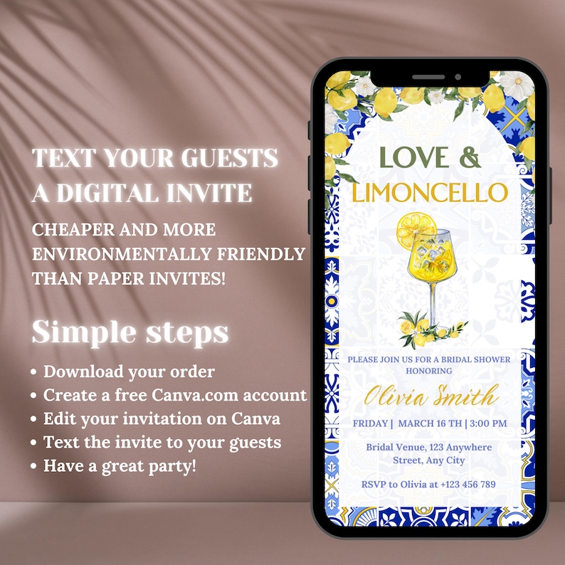 May include: A digital invitation for a bridal shower with a blue and white tiled background and a glass of limoncello. The text reads "Love & Limoncello" and includes the bride's name, date, time, and RSVP information.