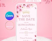 Cherry Blossom Quinceañera Save The Date Invitation, Digital Mis Quince Anos 15th Birthday Party Celebration Invite, DIY Editable Template.