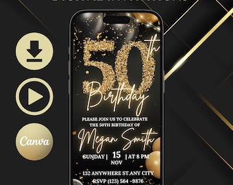 50th Birthday Invitation: Gold Dinner Party Video Evite (Digital Flyer)
