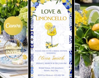 Mediterranean Bridal Shower Invite, Digital Animated Love and Lemoncello Bride To Be Invite, Blue and Yellow eVite, DIY Editable Template