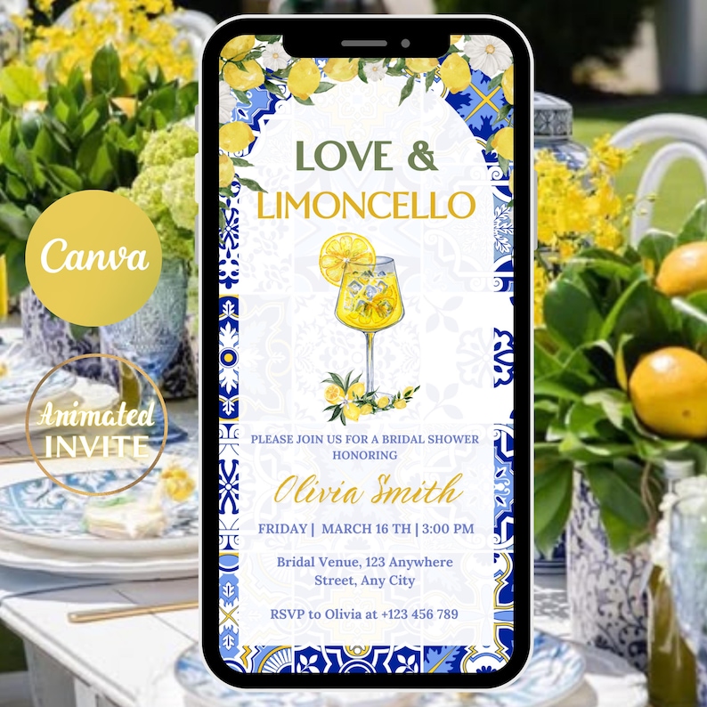 May include: A digital invitation for a bridal shower with a blue and white tiled background. The invitation features a glass of limoncello with a lemon slice and a floral design. The text reads "Love & Limoncello" and includes the bride's name, date, time, and RSVP information.