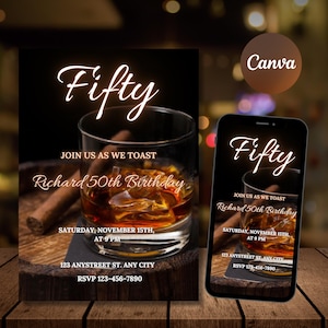 Modèle d'invitation modifiable pour 50e anniversaire de cigare et whisky pour homme avec invitation pour smartphone assortie, âge modifiable
