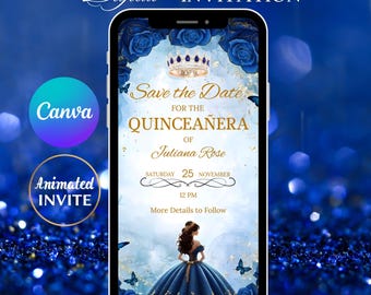 Blue and Gold Quinceañera Save the Date Invitation (Digital Template)
