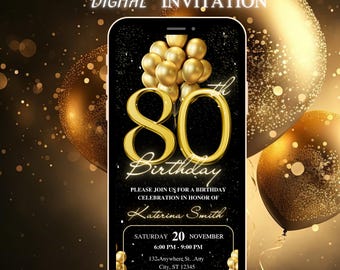 Animated 80th Birthday Invitation: Black, Gold, and Silver (Digital eCard)