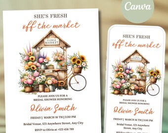 Fresh off the Market Bridal Shower Invitation Template, Farmer&#39;s Market Wedding Shower Invite, Flower Cart Bridal Brunch Invite Editable
