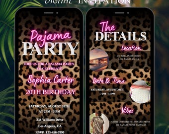 Leopard Print Pajama Party Digital Invitation & Itinerary, Animated Safari Theme Birthday Evite, Cheetah Print Sleepover PJ Party Suite