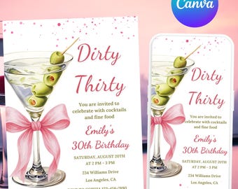 Peut inclure: Invitation rose et blanche pour un anniversaire "Dirty Thirty". Le design présente un verre à martini avec des olives, un nœud rose et le texte "Dirty Thirty". L'invitation comprend les détails de l'événement.